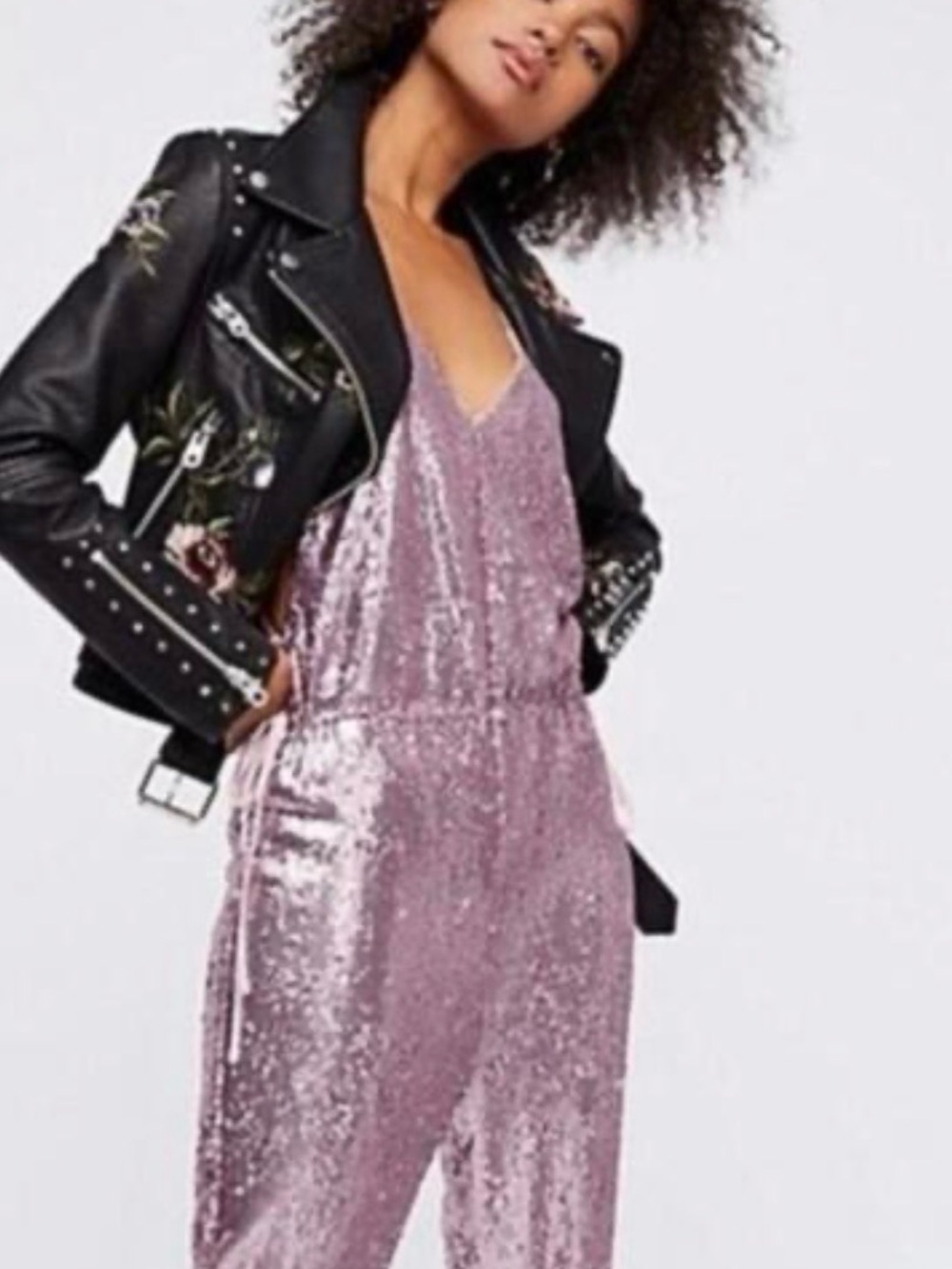Free People Sequin Pantsuit Jumpsuit Rose Gold Pink Shimmer S